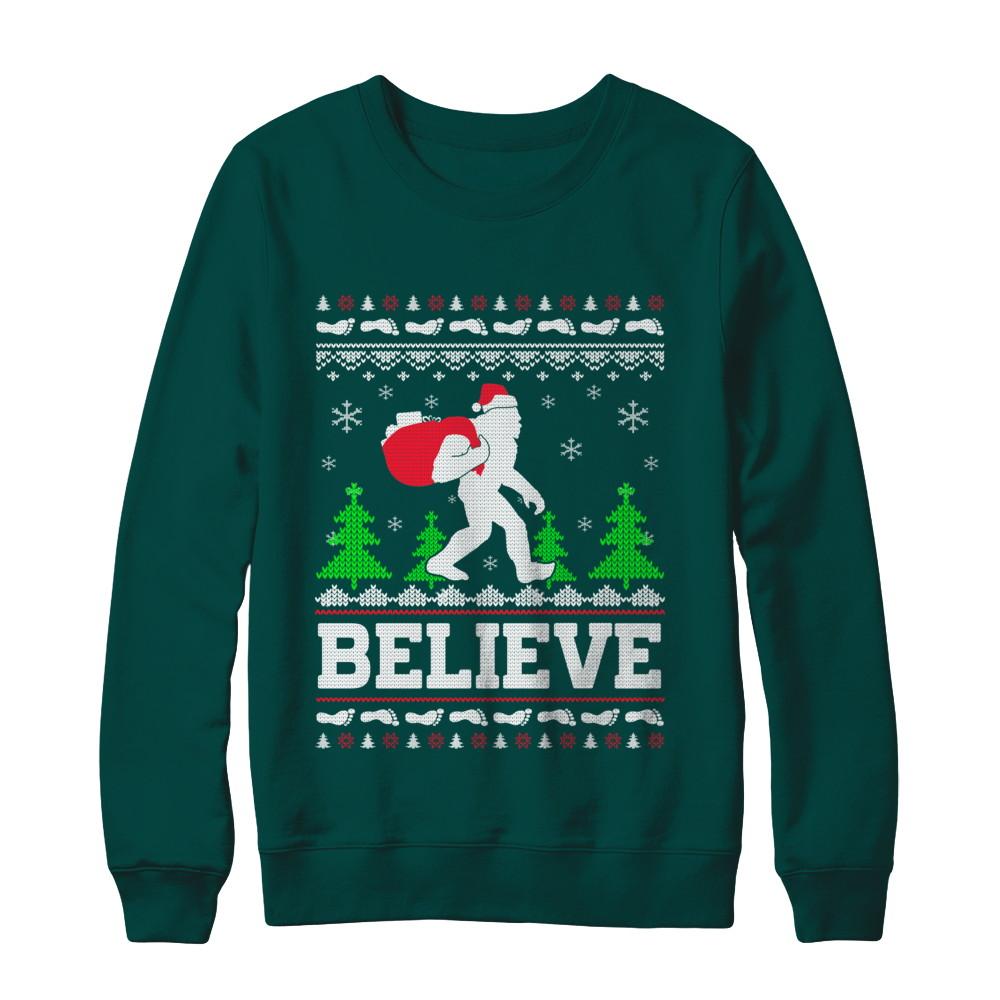 Christmas Believe Bigfoot Ugly Xmas Sweater-T-Shirt & Sweatshirt-Crewneck Sweatshirt-Deep Forest