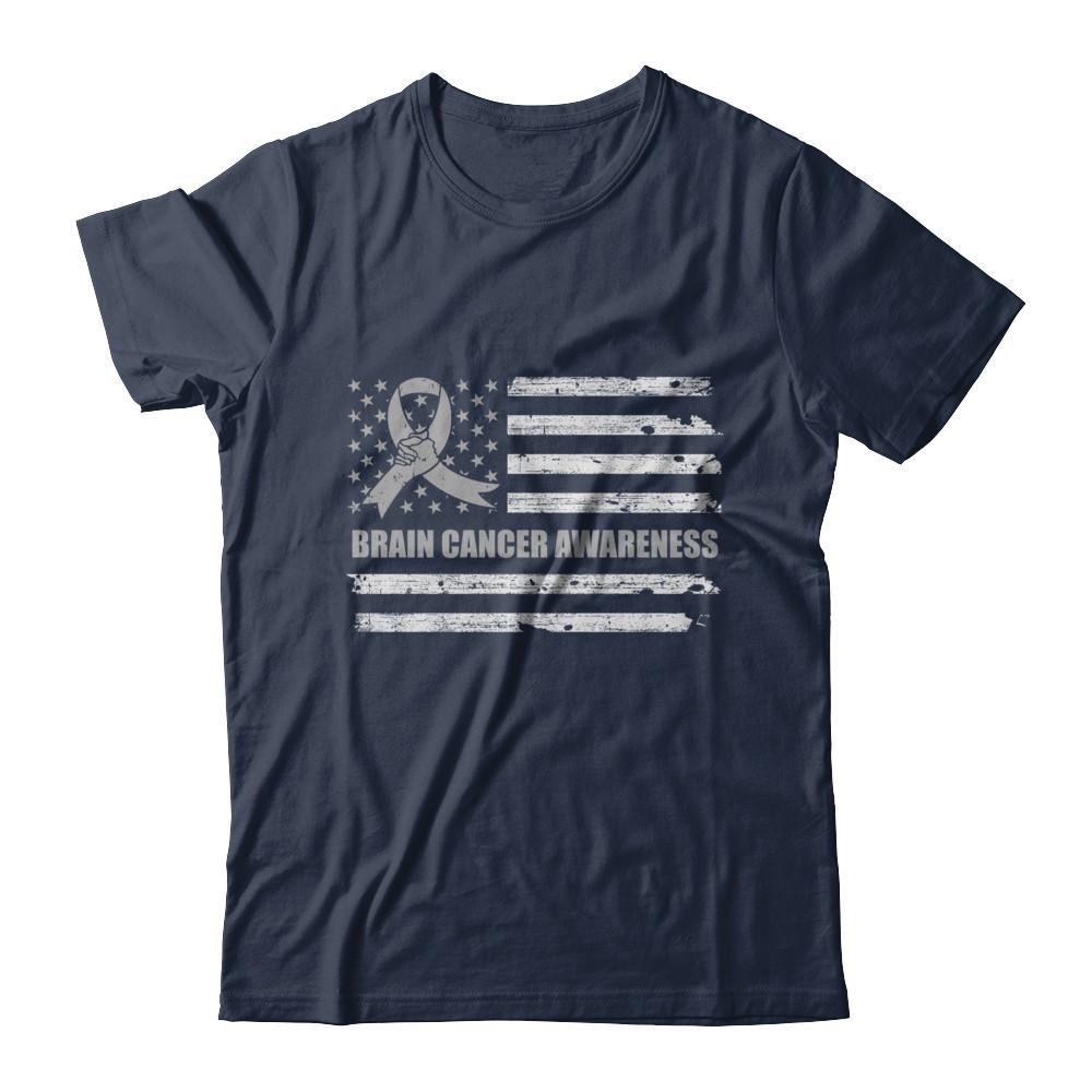 Gray Ribbon Brain Cancer Awareness US Flag-T-Shirt & Hoodie-Classic T-Shirt-Navy