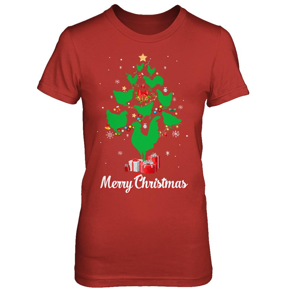 Funny Chicken Merry Christmas Tree Ugly Sweater-T-Shirt & Sweatshirt-Women's T-Shirt-Red