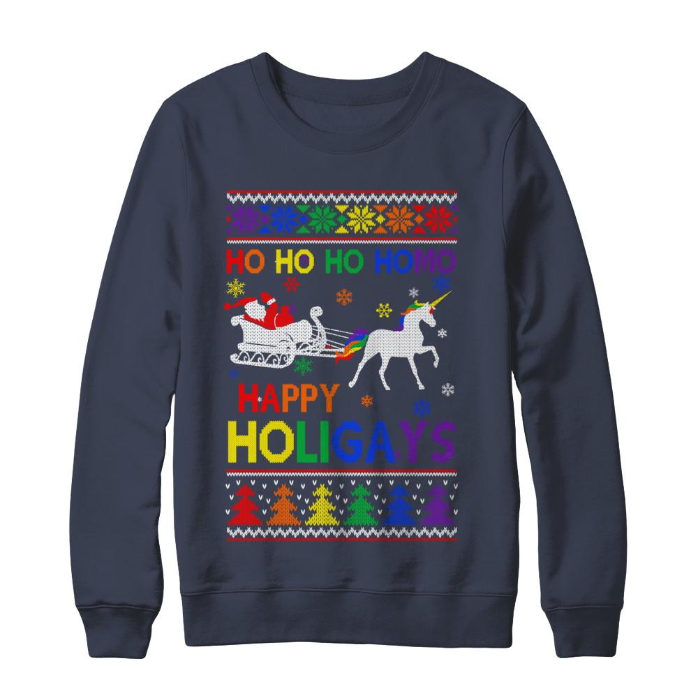 Ho Ho Ho Santa Riding Unicorrn Happy Holigays LGBT-T-Shirt & Sweatshirt-Crewneck Sweatshirt-Navy