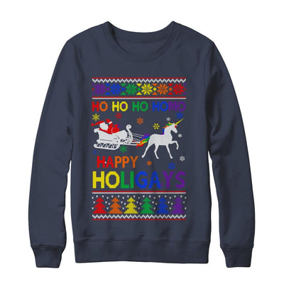 Ho Ho Ho Santa Riding Unicorrn Happy Holigays LGBT-T-Shirt & Sweatshirt-Crewneck Sweatshirt-Navy