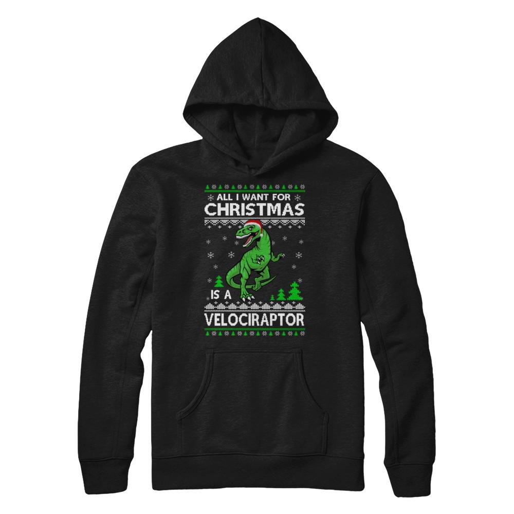 Funny Velociraptor Dinosaur Christmas Ugly Sweater-T-Shirt & Sweatshirt-Pullover Hoodie-Black