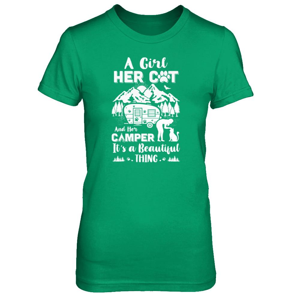 A Girl Her Cat And Her Camper It's A Beautiful Thing Camping-T-Shirt & Tank Top-Women's T-Shirt-Irish Green