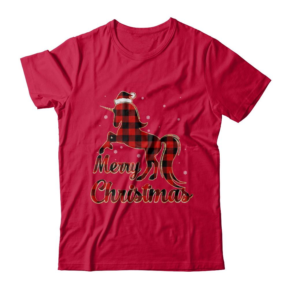 Red Buffalo Plaid Unicorn Merry Christmas-T-Shirt & Sweatshirt-Classic T-Shirt-Red