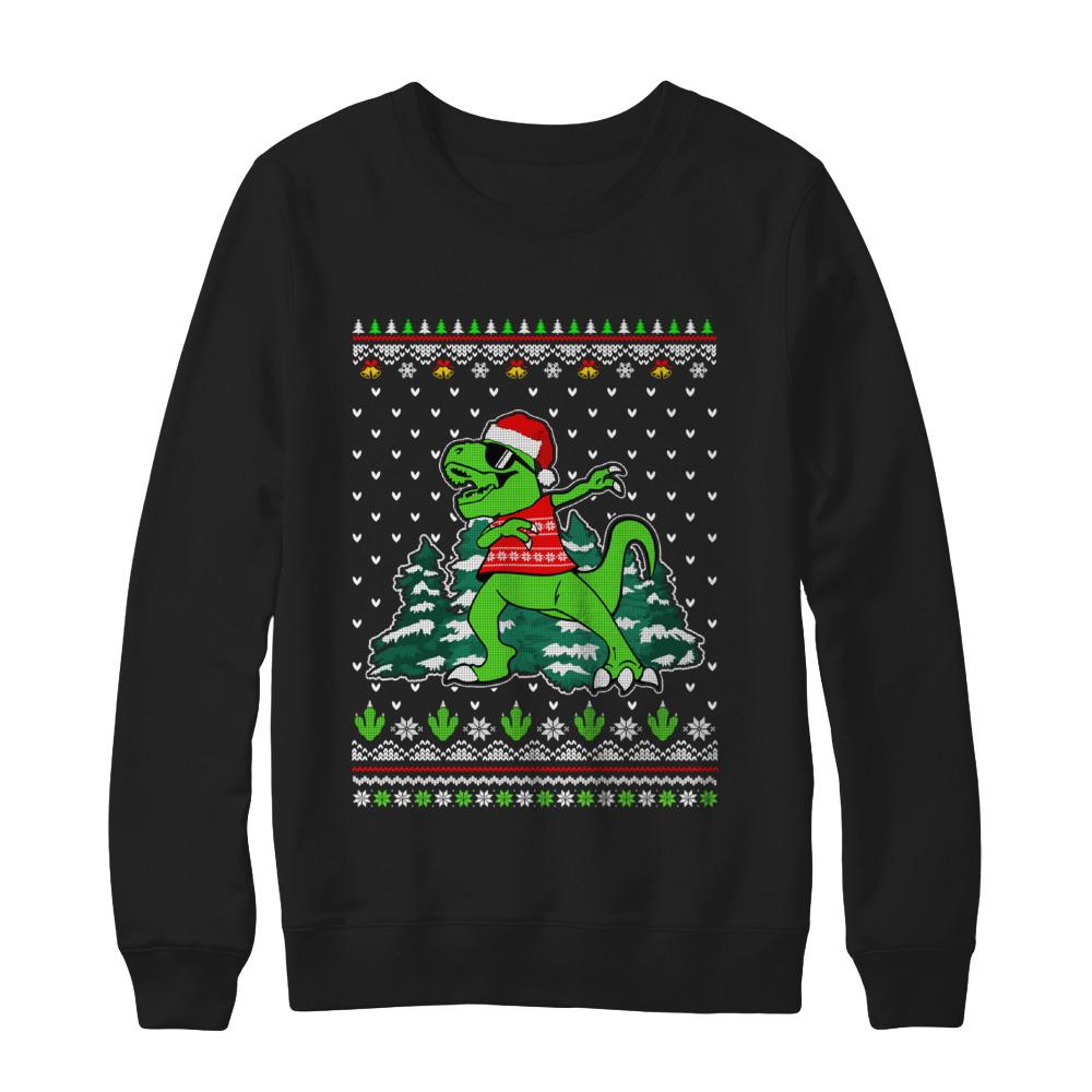 Funny Dab Dabbing Dinosaur Ugly Christmas Sweater Xmas-T-Shirt & Sweatshirt-Crewneck Sweatshirt-Black