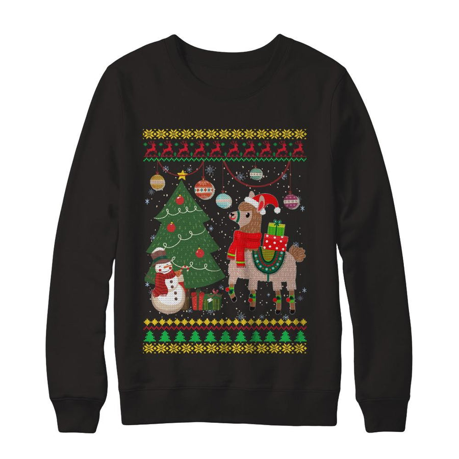 Funny Llama Christmas Cute Family Ugly Sweater-T-Shirt & Sweatshirt-Crewneck Sweatshirt-Black