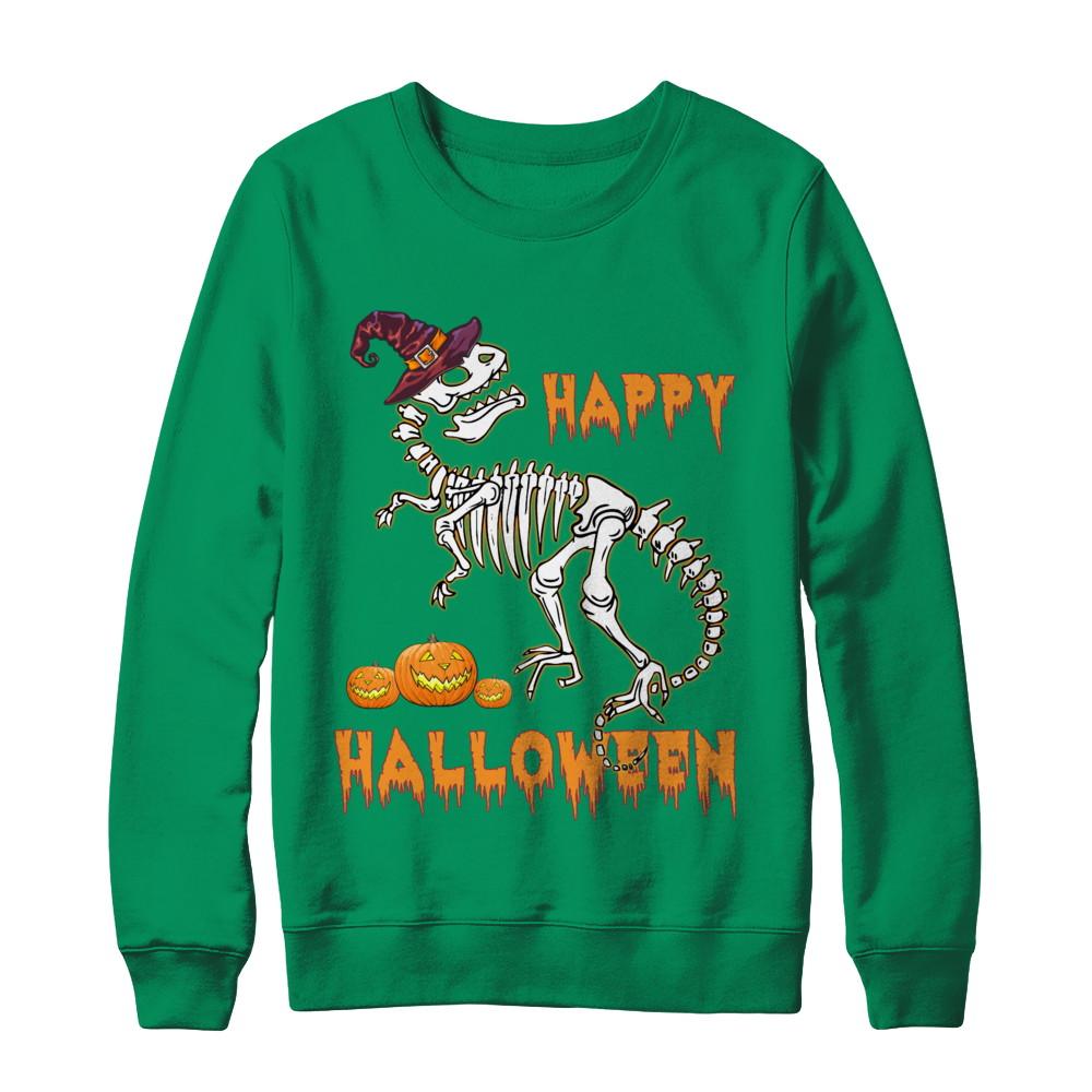 Funny Happy Halloween T-Rex Skeleton Dinosaur-T-Shirt & Sweatshirt-Crewneck Sweatshirt-Irish Green