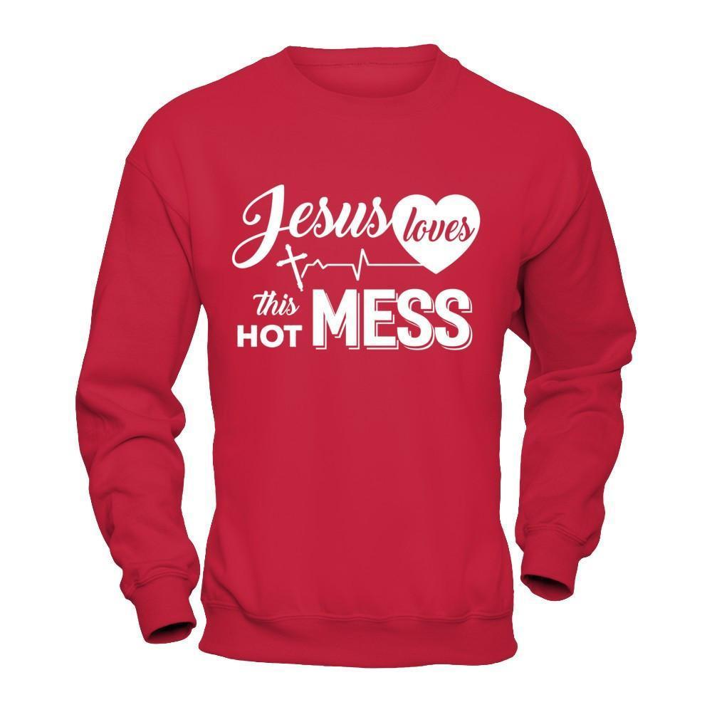 Jesus Loves This Hot Mess-T-Shirt & Hoodie-Crewneck Sweatshirt-Red