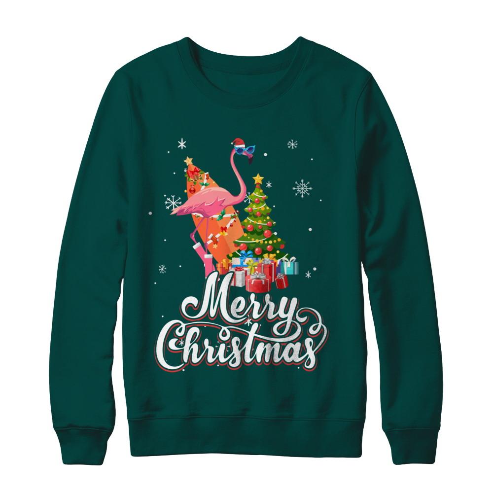 Flamingo Christmas Gift Merry Christmas Flamingo-T-Shirt & Sweatshirt-Crewneck Sweatshirt-Deep Forest