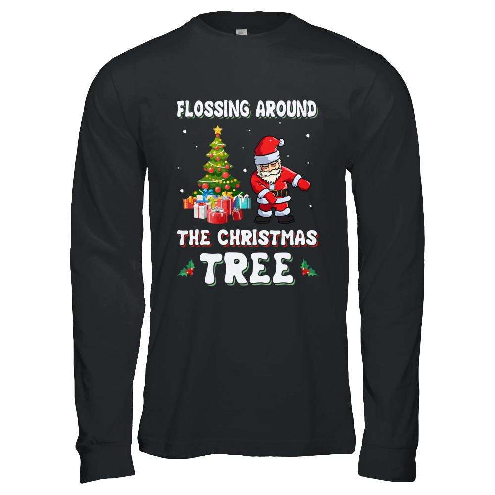 Santa Claus Flossing Around The Christmas Tree-T-Shirt & Hoodie-Long Sleeve T-Shirt-Black