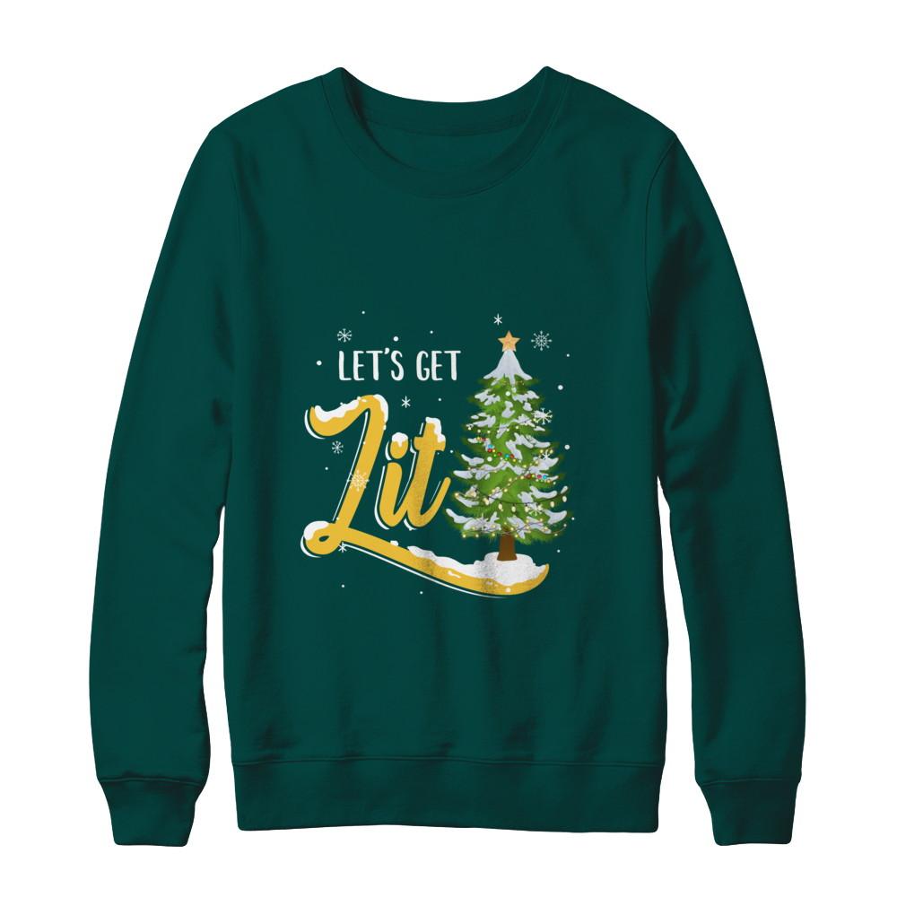 Let's Get Lit Funny Christmas Tree Drinking Beer-T-Shirt & Sweatshirt-Crewneck Sweatshirt-Deep Forest