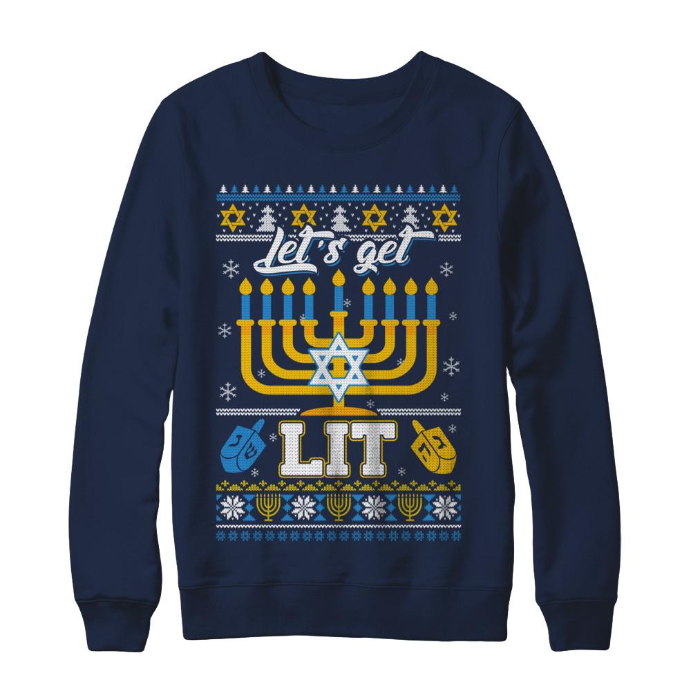 Funny Happy Hanukkah Chanukah Let's Get Lit Ugly Sweater-T-Shirt & Sweatshirt-Crewneck Sweatshirt-Navy