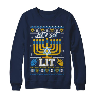 Funny Happy Hanukkah Chanukah Let's Get Lit Ugly Sweater-T-Shirt & Sweatshirt-Crewneck Sweatshirt-Navy