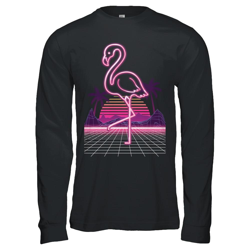 80s Retro Neon Sign Pink Flamingo Bird-T-Shirt & Hoodie-Long Sleeve T-Shirt-Black