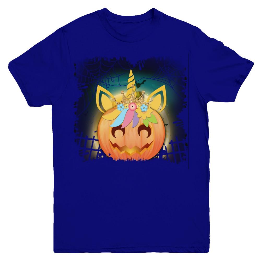 Kids Girls Unicorn Pumpkin Queen Halloween Youth-Youth Shirt-Youth T-Shirt-Navy