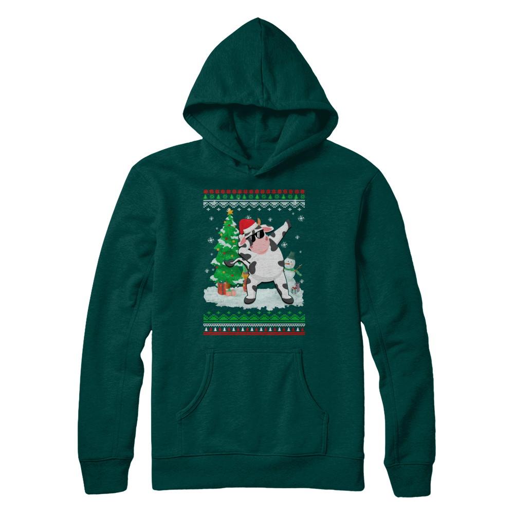 Santa Hat Cow Dabbing Christmas Ugly Sweater-T-Shirt & Sweatshirt-Pullover Hoodie-Deep Forest