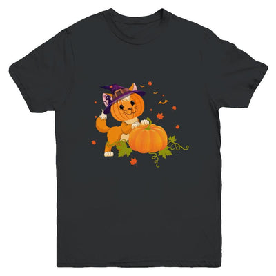 Funny Halloween Cat Pumpkin Costume Youth-Youth Shirt-Youth T-Shirt-Black