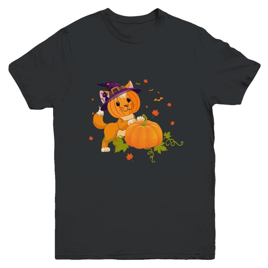 Funny Halloween Cat Pumpkin Costume Youth-Youth Shirt-Youth T-Shirt-Black