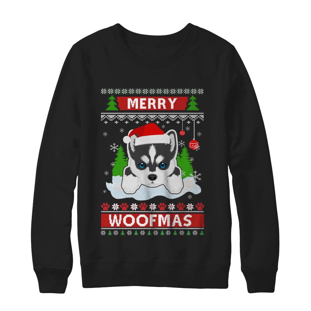 Siberian Husky Merry Woofmas Ugly Christmas Sweater-T-Shirt & Sweatshirt-Crewneck Sweatshirt-Black