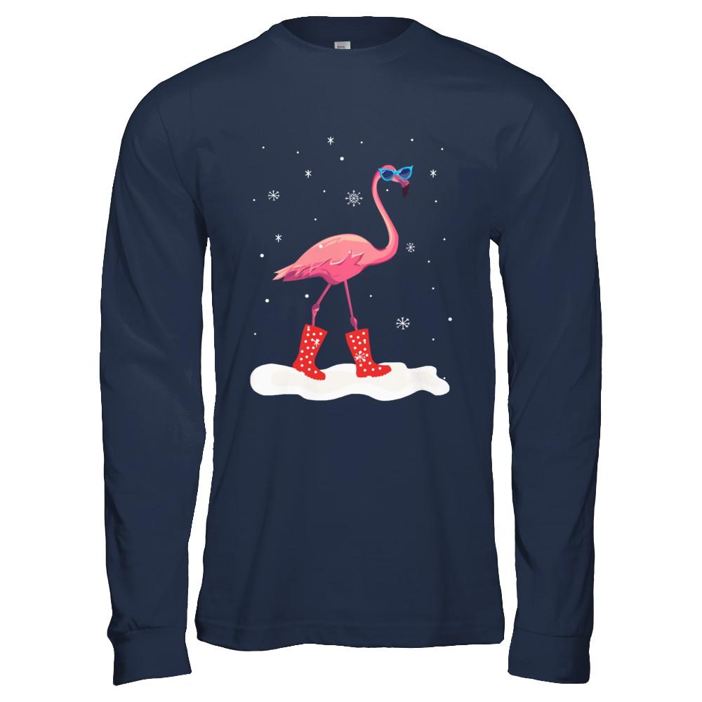 Flamingo With Rubber Boots Snow-T-Shirt & Hoodie-Long Sleeve T-Shirt-Navy