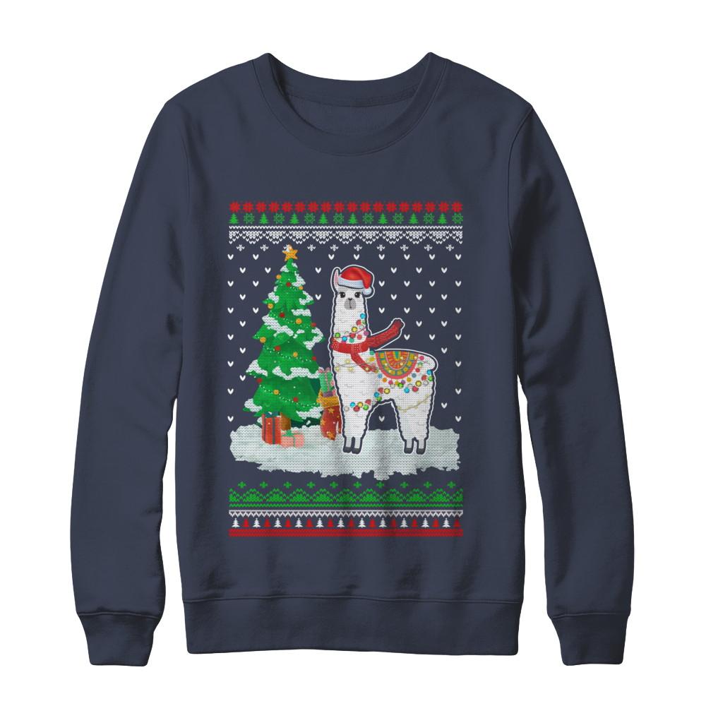 Xmas Alpaca Llama Santa Hat Ugly Christmas Sweater-T-Shirt & Sweatshirt-Crewneck Sweatshirt-Navy