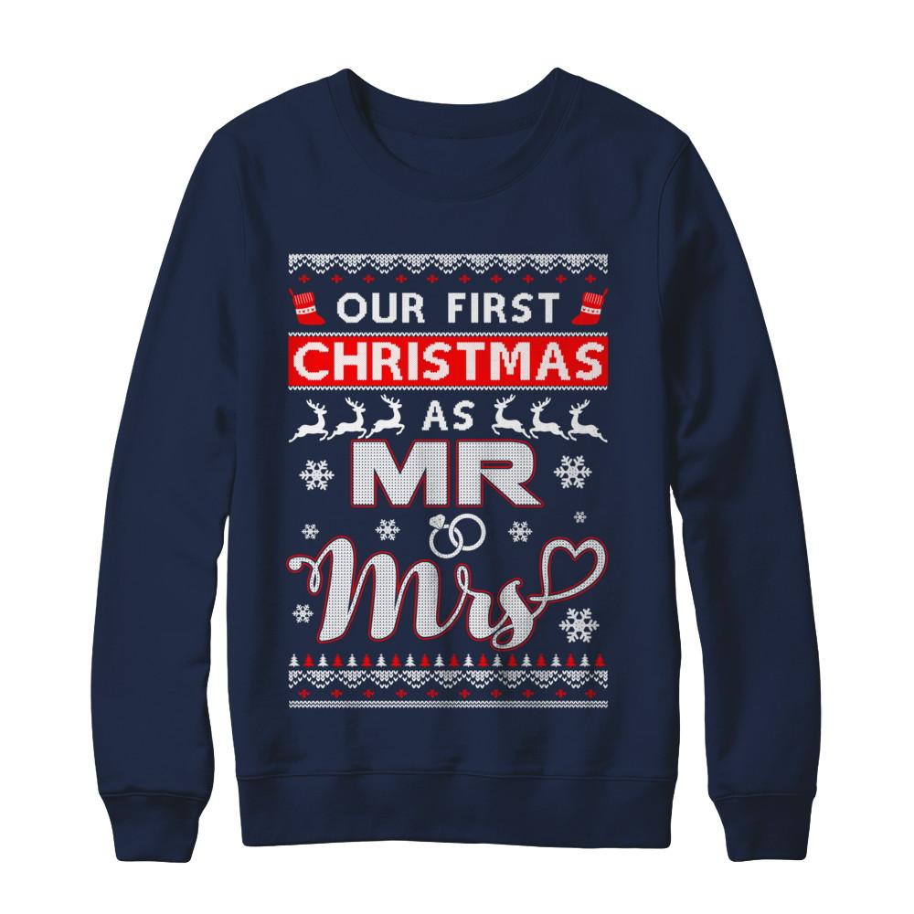Couple Wife Husband Our First Christmas As Mr & Mrs Sweater-T-Shirt & Sweatshirt-Crewneck Sweatshirt-Navy