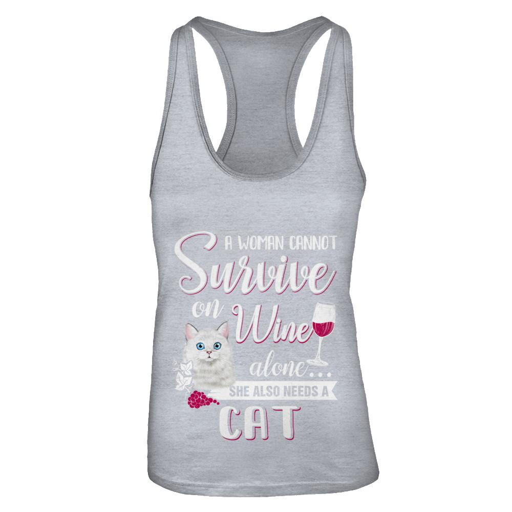 A Woman Can't Survive On Wine Alone Cat-T-Shirt & Tank Top-Women's Ideal Racerback Tank-Heather Grey