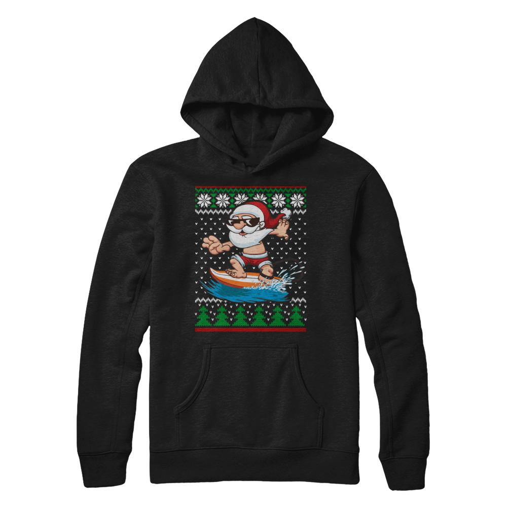 Santa Surfing Hawaiian Summer Christmas Ugly Sweater-T-Shirt & Sweatshirt-Pullover Hoodie-Black