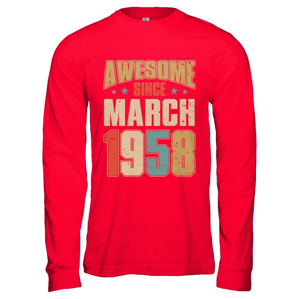 Vintage Retro Awesome Since March 1958 63th Birthday-T-Shirt & Hoodie-Long Sleeve T-Shirt-Red