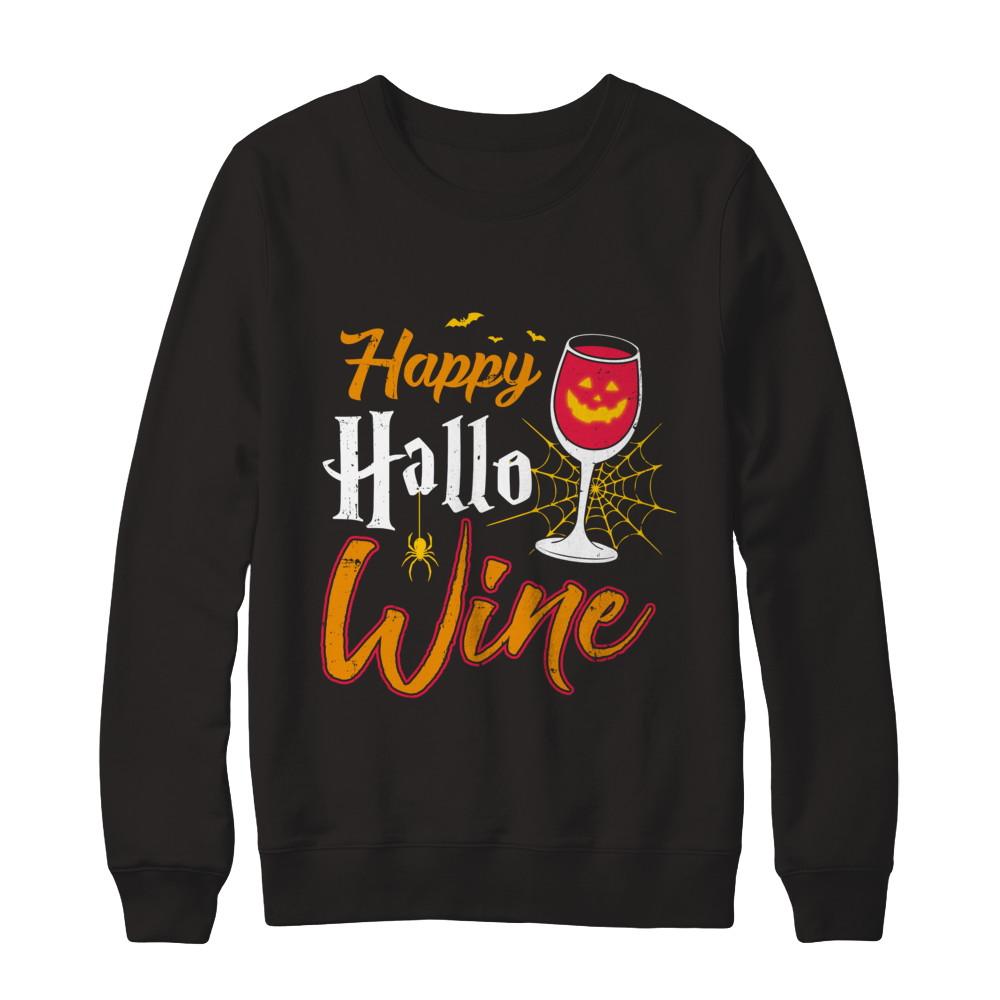 Happy Hallo Wine Funny Halloween-T-Shirt & Sweatshirt-Crewneck Sweatshirt-Black