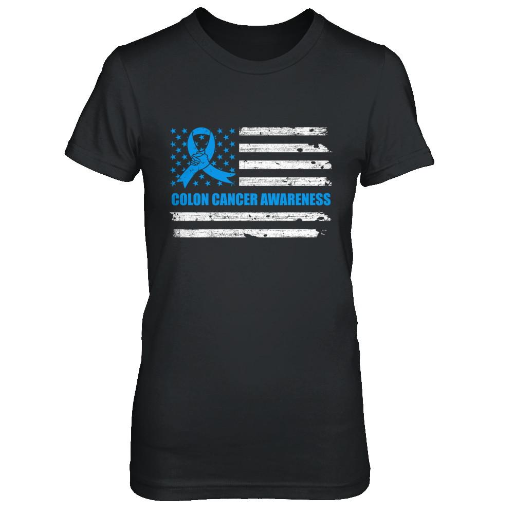Blue Ribbon Colon Cancer Awareness US Flag-T-Shirt & Hoodie-Women's T-Shirt-Black