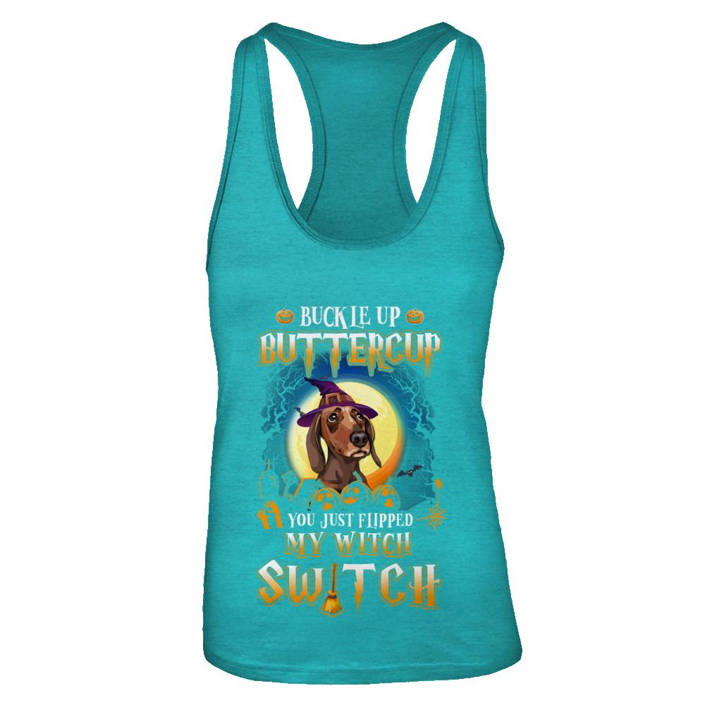 Buckle Up Buttercup Halloween Witch Dachshund Costume-T-Shirt & Tank Top-Women's Ideal Racerback Tank-Tahiti Blue