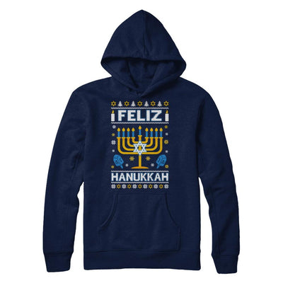 Happy Hanukkah Ugly Sweater Feliz Chanukah Menorah-T-Shirt & Sweatshirt-Pullover Hoodie-Navy