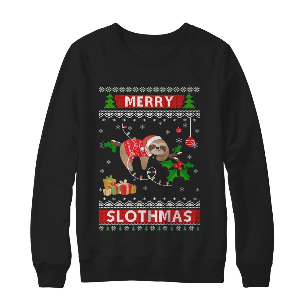 Merry Slothmas Funny Sloth Ugly Christmas Sweater-T-Shirt & Sweatshirt-Crewneck Sweatshirt-Black
