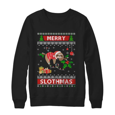 Merry Slothmas Funny Sloth Ugly Christmas Sweater-T-Shirt & Sweatshirt-Crewneck Sweatshirt-Black
