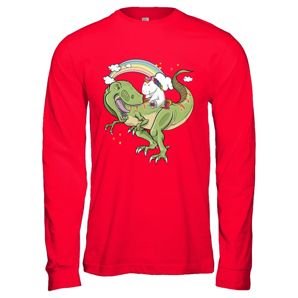 Unicorn Riding Dinosaur T Rex Unicorns Rainbow Gifts-T-Shirt & Hoodie-Long Sleeve T-Shirt-Red