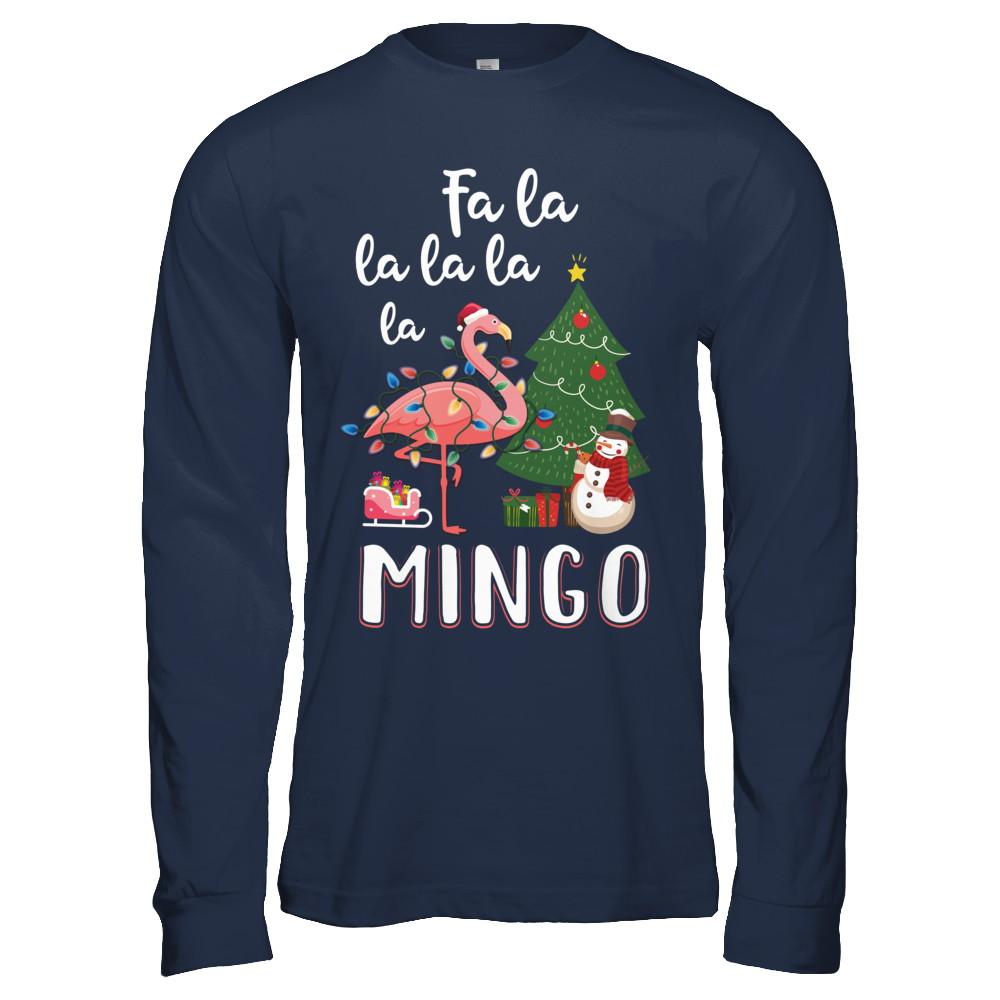 Cute Pink Flamingo Santa Hat Merry Christmas-T-Shirt & Hoodie-Long Sleeve T-Shirt-Navy