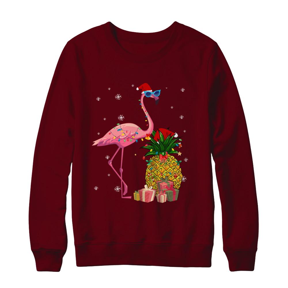 Santa Flamingo Hawaiian Pineapple Christmas Gifts-T-Shirt & Sweatshirt-Crewneck Sweatshirt-Maroon