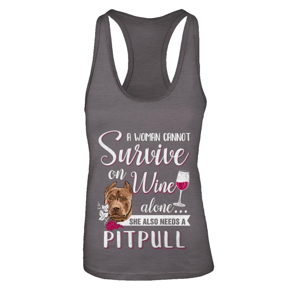 A Woman Can't Survive On Wine Alone Pit bull Dog-T-Shirt & Tank Top-Women's Ideal Racerback Tank-Dark Grey