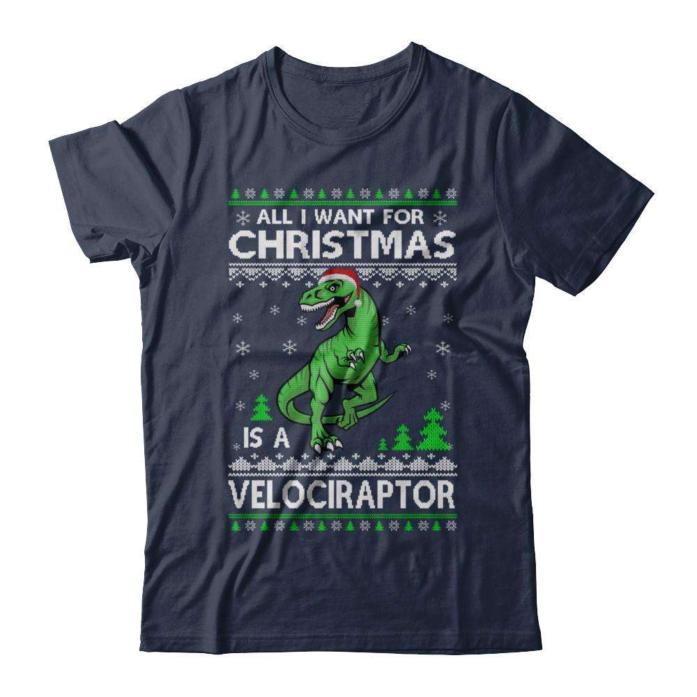 Funny Velociraptor Dinosaur Christmas Ugly Sweater-T-Shirt & Sweatshirt-Classic T-Shirt-Navy