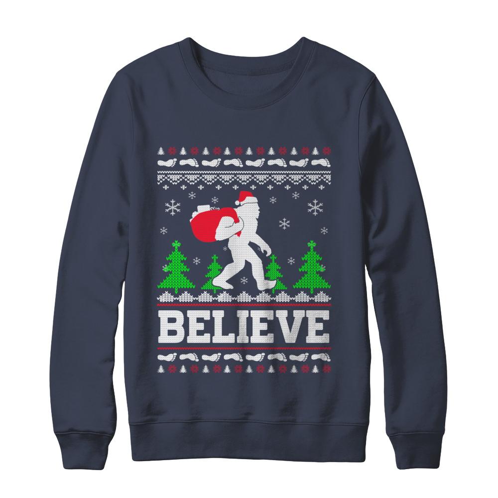 Christmas Believe Bigfoot Ugly Xmas Sweater-T-Shirt & Sweatshirt-Crewneck Sweatshirt-Navy