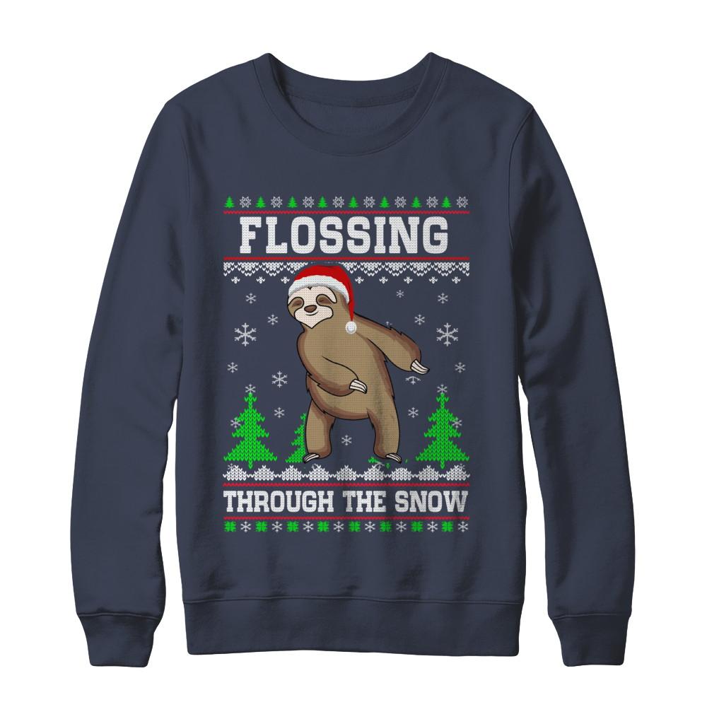 Funny Flossing Sloth Ugly Christmas Sweater Flossin'-T-Shirt & Sweatshirt-Crewneck Sweatshirt-Navy