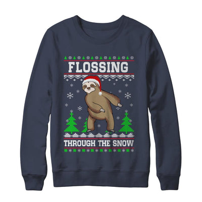 Funny Flossing Sloth Ugly Christmas Sweater Flossin'-T-Shirt & Sweatshirt-Crewneck Sweatshirt-Navy