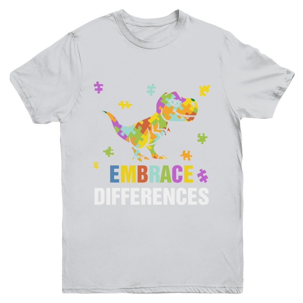 Autism Awareness Puzzle Piece Dinosaur Embrace Differences Youth-Youth Shirt-