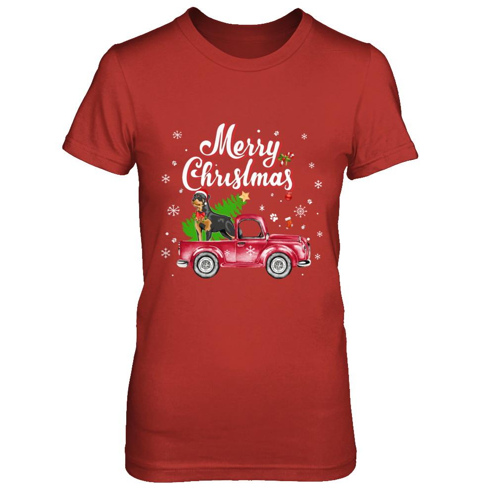 Rottweiler Retriever Rides Red Truck Christmas Pajama-T-Shirt & Sweatshirt-Women's T-Shirt-Red