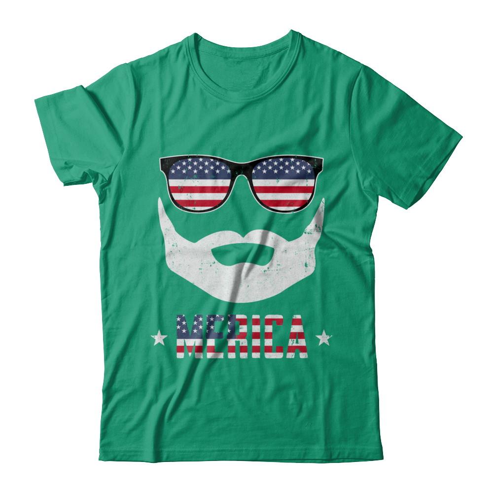 4th of July MERICA America Flag Mustache Dad Bearded-T-Shirt & Hoodie-Classic T-Shirt-Kelly Green