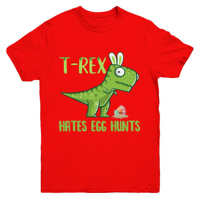Funny Easter Bunny Dinosaur T-Rex Hates Egg Hunts Youth-Youth Shirt-Youth T-Shirt-Red