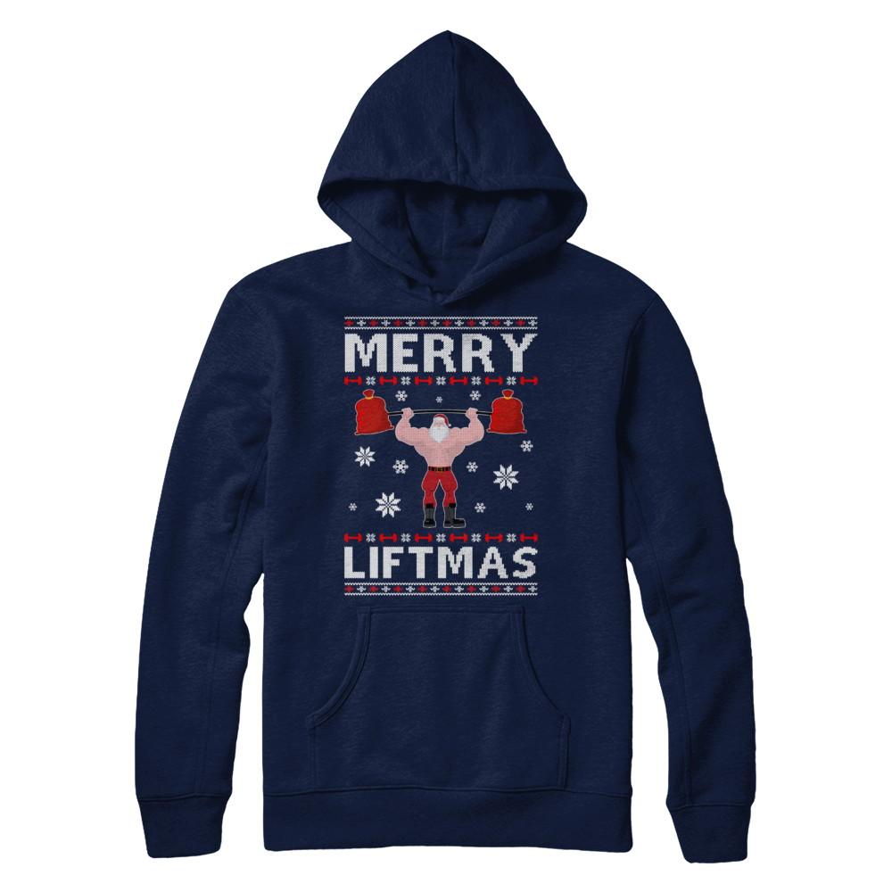 Christmas Merry Liftmas Santa Fitness Gym Ugly Sweater-T-Shirt & Sweatshirt-Pullover Hoodie-Navy