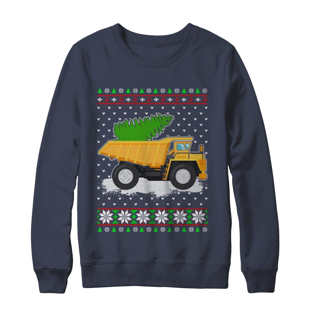 Yellow Dump Truck Trucker Ugly Christmas Sweater-T-Shirt & Sweatshirt-Crewneck Sweatshirt-Navy