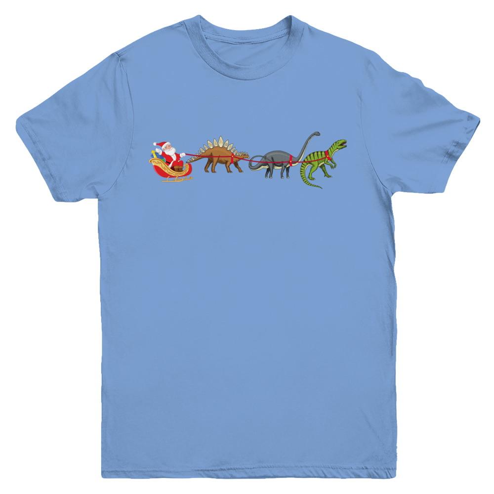 Xmas Cool Santa Sleigh Dinosaur Christmas Gift Youth-Youth Shirt-Youth T-Shirt-Carolina Blue